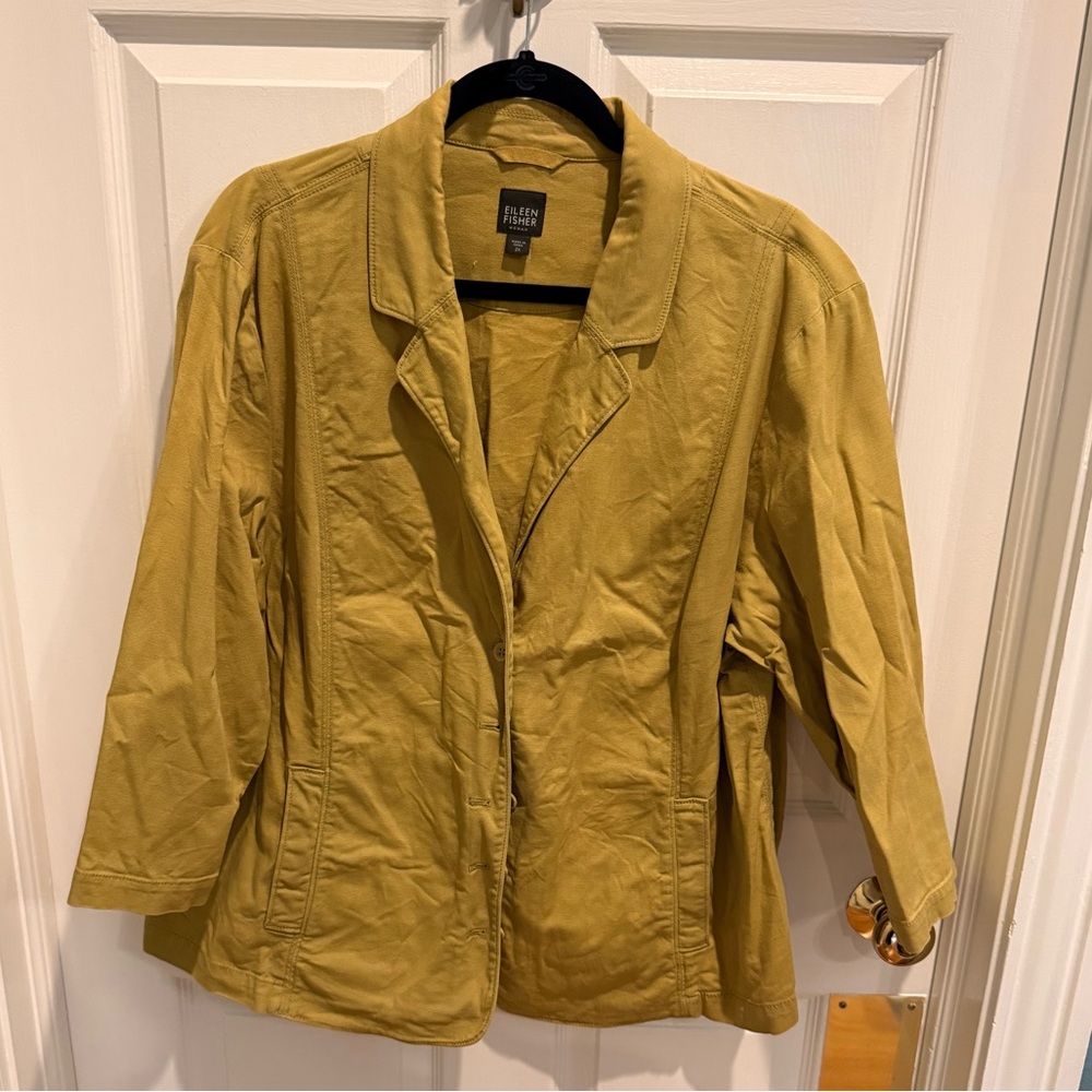 Chartreuse Eileen Fisher 3/4 sleeve jacket.